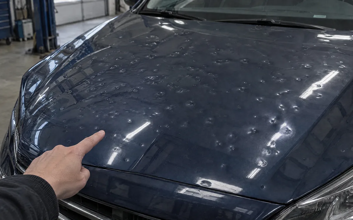 Hand zeigt auf Hageldellen in der Motorhaube
