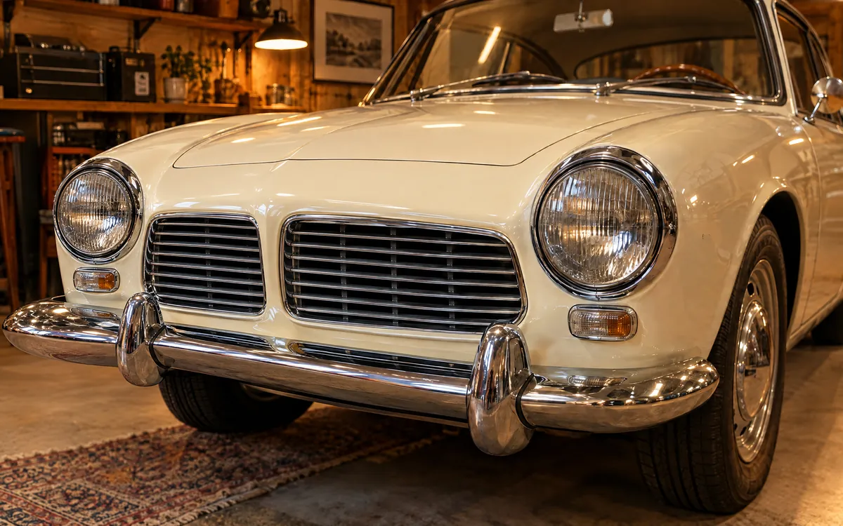 Front eines cremefarbenen Oldtimer-Coupés mit Chromstoßstange